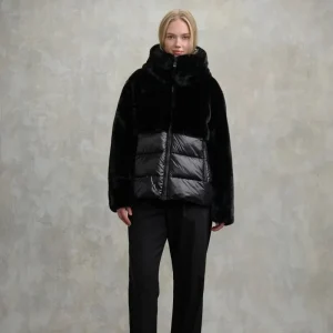 Giubbino donna nero in nylon e eco-pelliccia