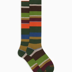 Calze uomo a righe sul verde in misto cotone e cashmere