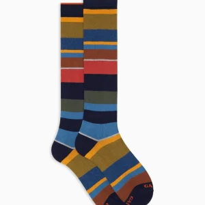 Calze uomo a righe sul blu in cotone e cashmere