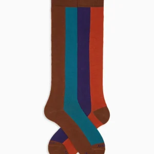 Calze lunghe uomo marrone fantasia righe verticali in cotone