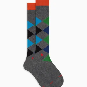 Calze lunghe uomo grigio fantasia intarsio in cotone