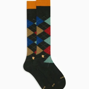 Calze lunghe uomo verde fantasia intarsio in cotone