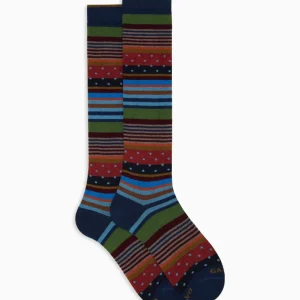 Calze uomo blu con righe e pois in cotone