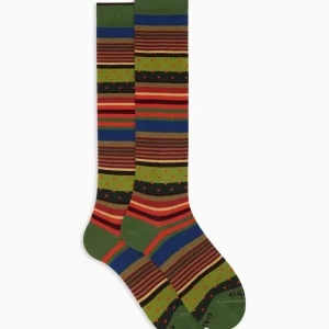 Calze lunghe uomo verde con righe e pois in cotone