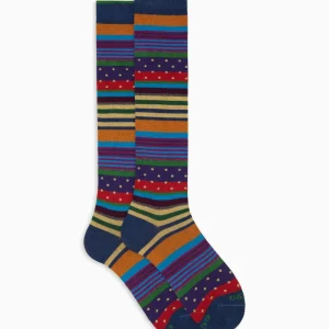 Calze lunghe uomo viola con righe e pois in cotone