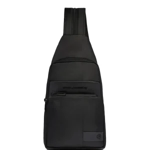 Borsello uomo nero in tessuto e pelle