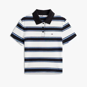 Polo donna righe ecrù/blu in cotone