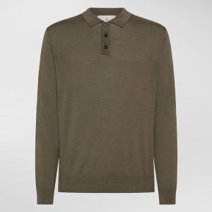 Maglia polo uomo color marmotta in tricot di pura lana merino