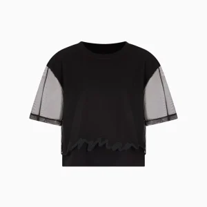 T-shirt donna nera in cotone e tulle